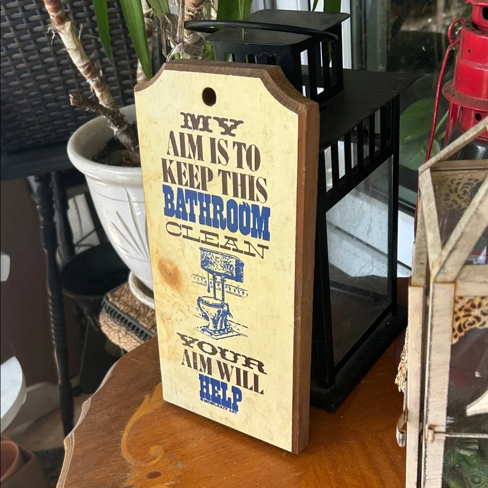 Rustic Bathroom Sign with Blue Text